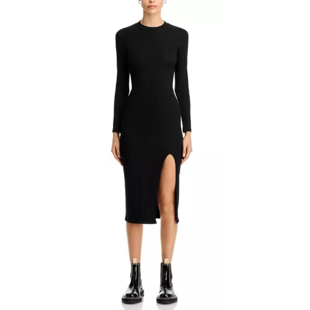NSF Cari Black Bodycon Cotton Ribbed Knit Long Sleeve Midi Dress Slit M